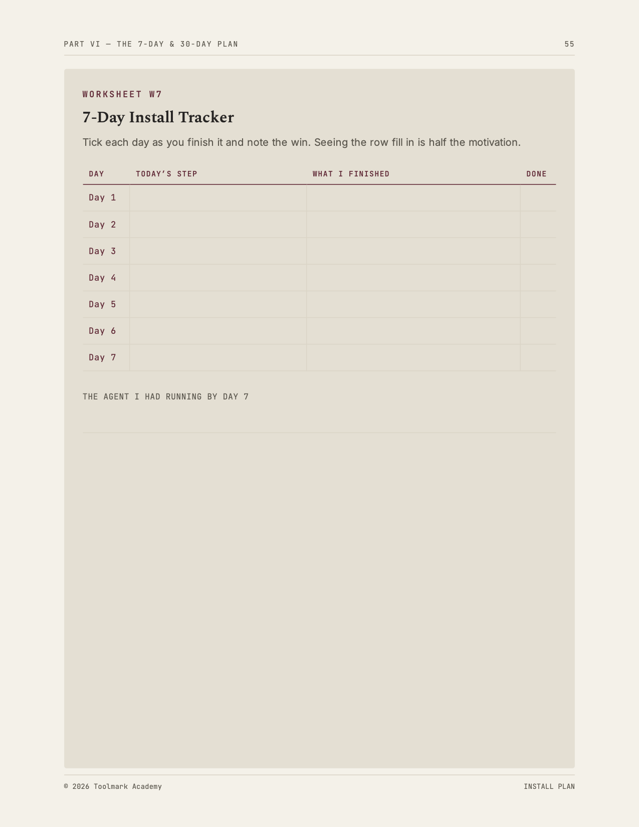 7-Day Install Tracker worksheet with a row for each day to log today's step and what got finished